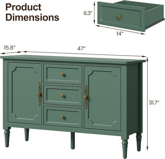 RoyalCraft Buffet Cabinet with 3 Drawers & 2 Doors, Vintage Sideboard with Storage, Mid Century Modern Painted Coffee Bar Table for Entryway, Living Room, Dining Room, Green