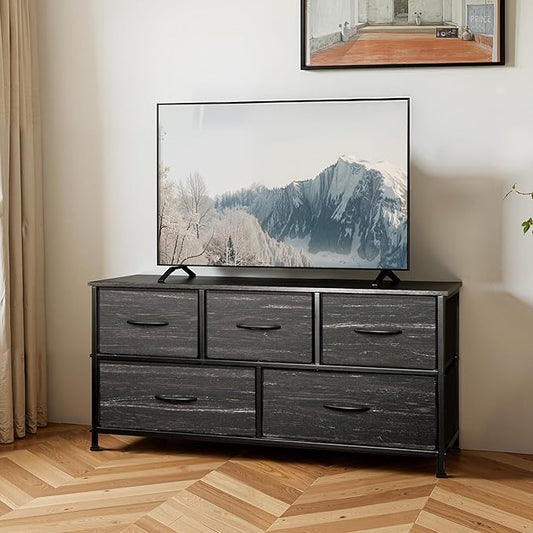 SHAWKEN Dresser for Bedroom with 5 Drawers,Slim Space-Saving Storage Unit with Fabric Bins,Budget-Friendly Organizer for Closet,Hallway,Studio Apartment (Grey Woodgrain)