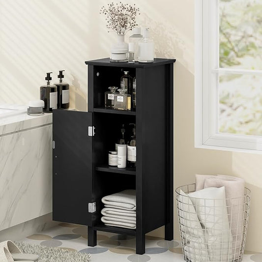 LDAILY LUARANE Wooden Bathroom Floor Storage Cabinet, Side Storage Organizer Cabinet with 1 Door Open Shelf Adjustable Shelves, Small Free Standing Sideboard for Entryway Living Room Kitchen (Black)