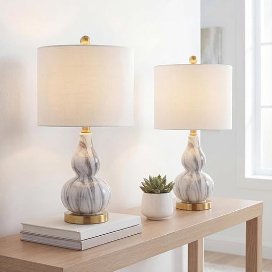 JONATHAN Y 20.5" Black/White Glass Table Lamp, Modern Gourd Bedside Nightstand Lamp for Bedroom, Living Room, White Linen Shade, LED Bulb Included (JYL1028D-SET2)