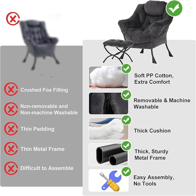 Lazy Chair with Ottoman, Modern Chair with Folding Footrest, Plush Navy Accent Chair, Comfortable Reading Chair, Oversized Armchairs for Bedroom, Study, Living Room, Courtyard