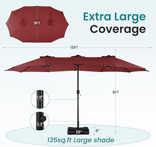 DUMOS 15FT Extra Large Patio Umbrella with Base Included, Rectangle Table Umbrella Outdoor Patio, 12 Sturdy Ribs Triple Head Canopy Outside Umbrellas for Deck, Backyard and Poolside,Wine Red