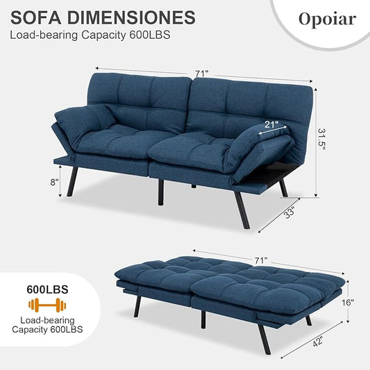 Opoiar Futon Sofa Bed Convertible Memory Foam Blue Couch Bed Futon Sets Folding Modern Sleeper Sofa Gray Loveseat for Studio,Drom,Apartment,Game Room and Small Space