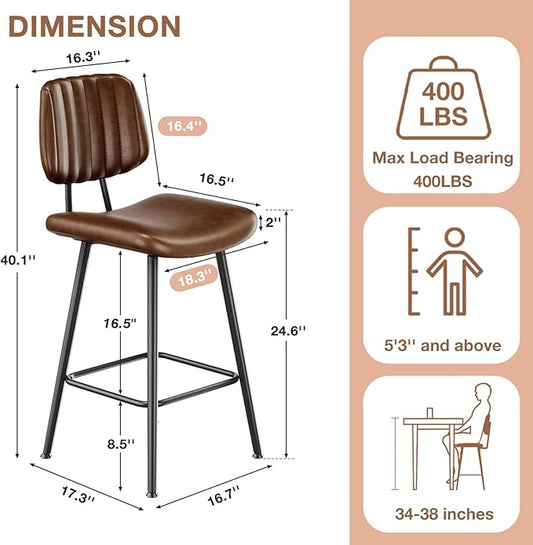 24-Inch Leather Bar Stools Set of 3, Counter Height Barstools with High Backrest,Bar Chairs for Kitchen Island with Heavy Duty Metal Legs, Dark Brown