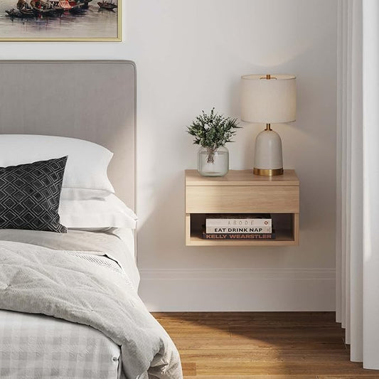 Nathan James Jackson Wall Mounted Floating Bedroom Nightstand with Storage Drawer and Modern Open Shelf Cubby, Light Oak Wood