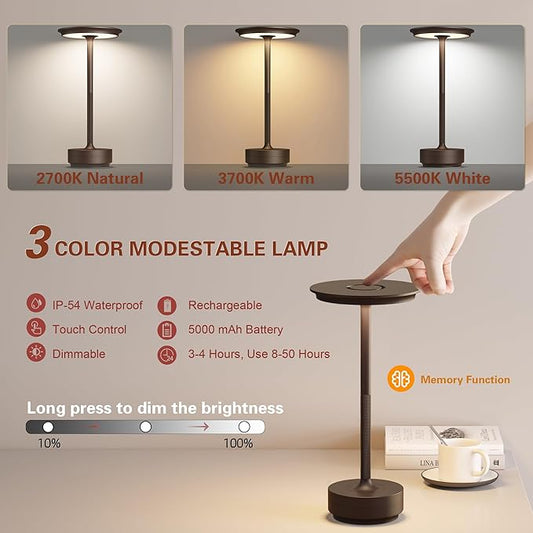 Cordless Table Lamp, Rechargeable 5000mAh Outdoor LED Table Lamp, 3 Levels Brightness Dimming IP54 Waterproof Touch Battery Powered Table Lights, Dining Room/Patio/Nightstand (2Pack Brown)
