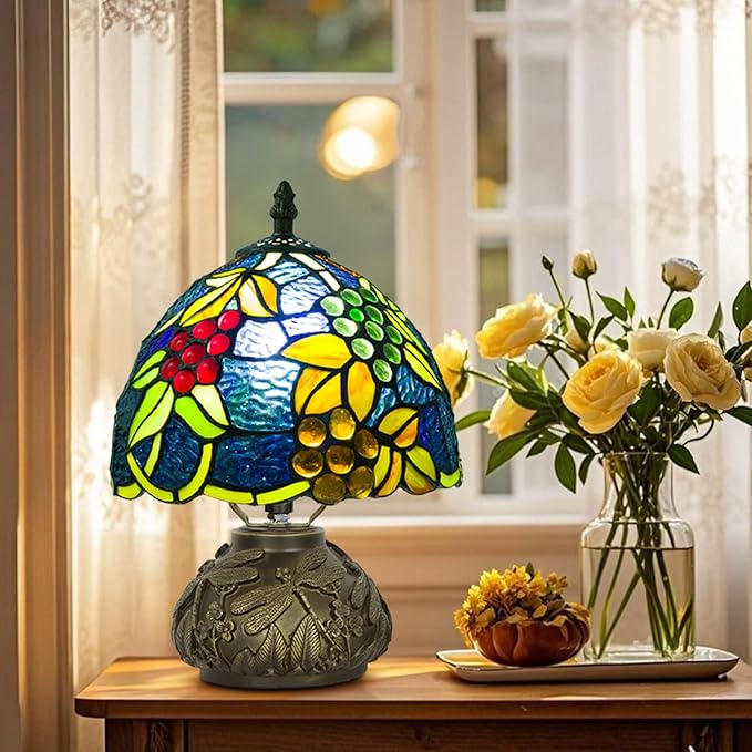 Small Tiffany Table Lamp,Stained Glass Lamp,8 Inch Mushroom Style Mini Vintage Desk Lights for Bedside, Bedroom,Nightstand,Living Room,3 Color Temperature (Yellow Leaf Grape)