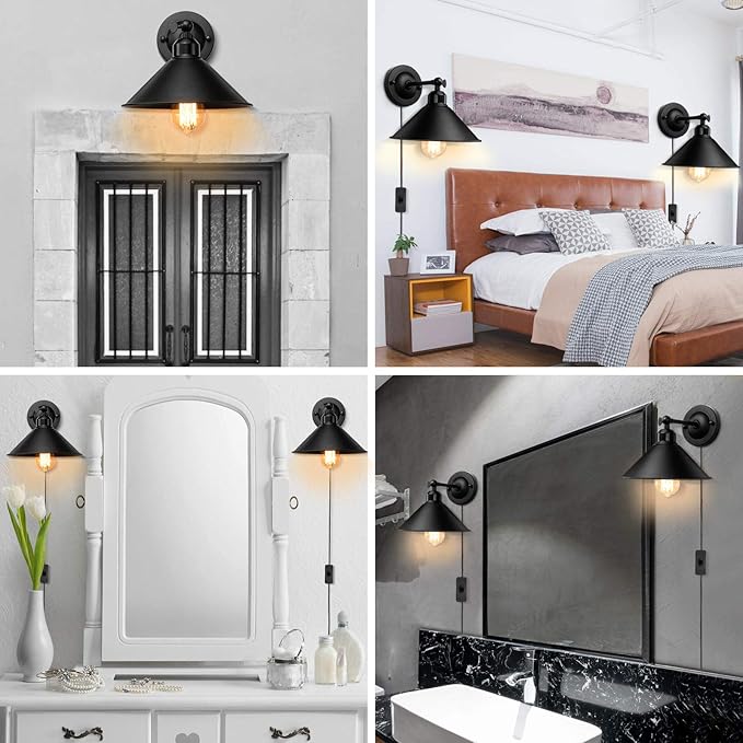 Plug in Wall Sconce, Black, Antique Swing Arm Vintage Industrial Light Fixture, Wall lamp with Plug in Cord On Off Switch E26 Base for Bedroom Bathroom Kitchen 2 Pack