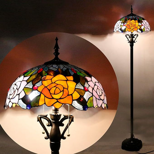 Tiffany Floor Lamp Orange Red Rose Flowers Stained Glass Standing Reading Light 16X16X66 Inches Antique Pole Corner Lamp Decor Bedroom Living Room
