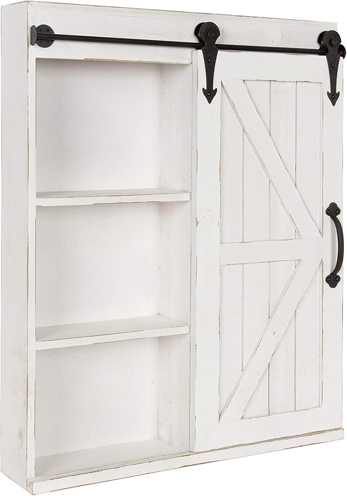 Kate and Laurel Cates Decorative Wood Wall Storage Cabinet with Rectangle Mirror and Sliding Barn Door, 22 x 28, Rustic White, Farmhouse Decor for Wall Storage