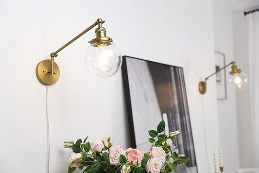PERMO Plug in Wall Sconce Swing Arm Wall Lamp Industrial Sconce with 5.9" Glass Globe Shade Antique Gold Sconce for Bedroom, Living Room, Office