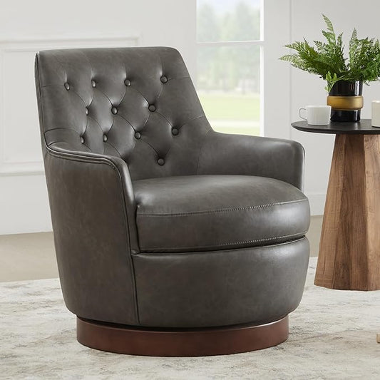 Watson & Whitely Swivel Barrel Accent Chair, Tufted Upholstered Arm Chair for Living Room and Bedroom, Faux Leather in Dark Grey