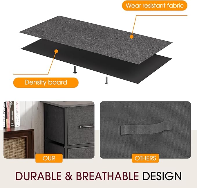 FDW 5 Fabric Drawers Dresser for Bedroom,Chest Organizer Units with Steel Frame and Wooden Top for Bedroom,Closet,Living Room, Entryway,Grey