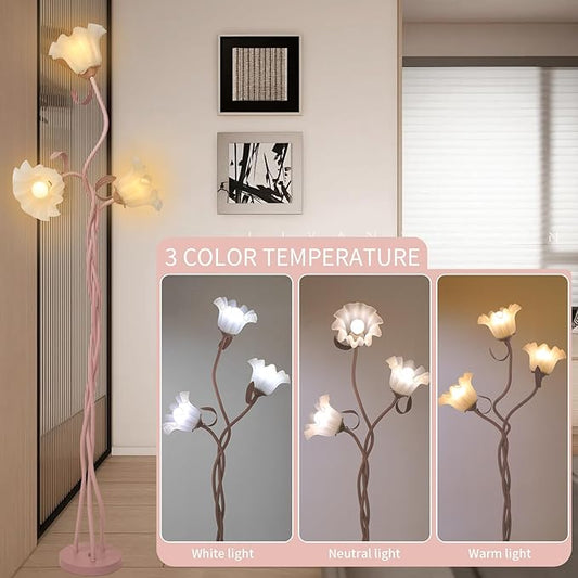 Flower Floor Lamp for Living Room, Tall Standing Reading Lamp with Flexible Neck Shaft for Bedroom Decor, Modern Corner Floor Lamps with 3-Color Temperatures LED Bulb (Pink)