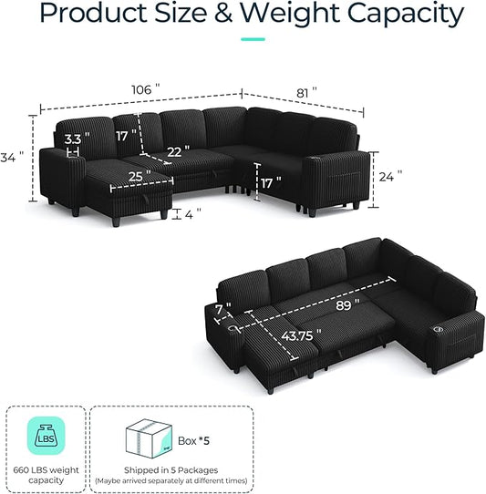 LINSY HOME Sectional Sleeper Sofa with Pull Out Couch Bed - Convertible Plush Corduroy Cloud Couch with Storage Chaise & USB Charging, Comfy Modular Couches for Living Room, Black