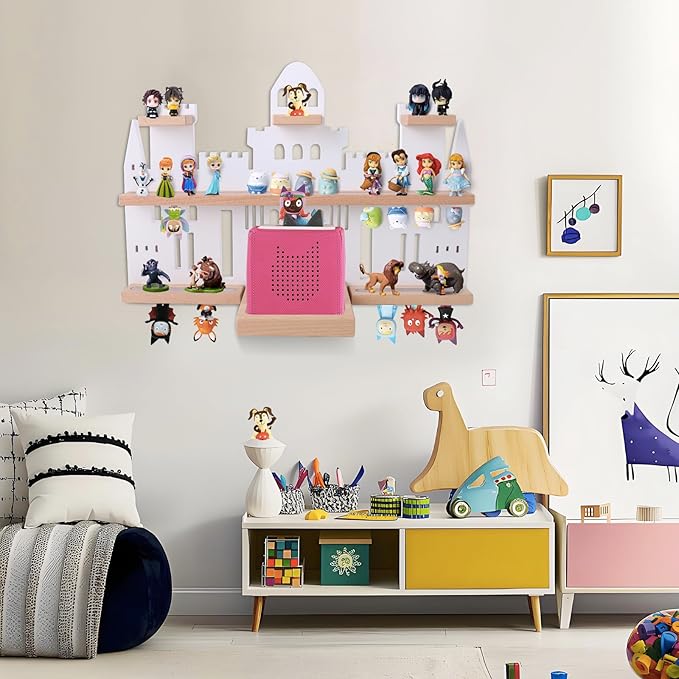 Tonie Shelf Castle for Toniebox,Wall Mounted Tonie Shelf Set,Tonie Figures Tonie Storage,Magnetic Wooden Floating Shelves Compatible with Toniebox for Kids Room (White)