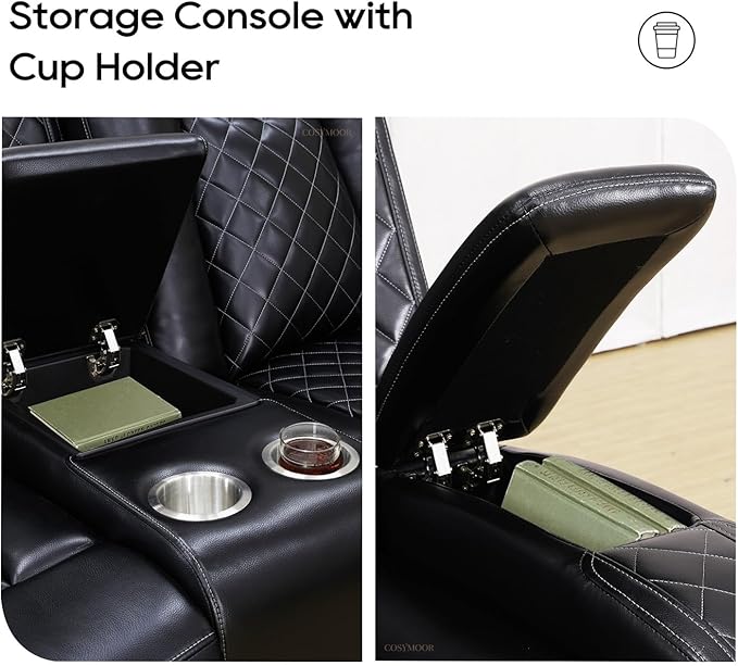 Power Recliner Sectional Sofa Couches with LED Lights for Living Room, Black Leather Wall Hugger Reclining Corner Couch Sets with 4 Home Theater Seat, USB Port, Cup Holder, Storage Console