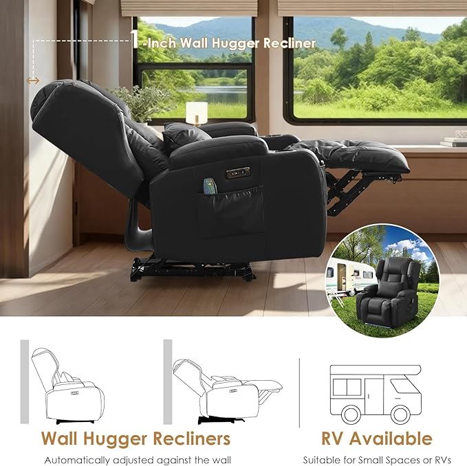 SAMERY Power Recliner Chair, Electric Wall Hugger Recliner Chair Reclining Sofa Home Theater Seating for Living Room with Massage & Heat, USB, LED Lights, Cup Holders, Side Pockets, Lumbar Pillow | 1-Inch Wall Hugger, Extra Wide Seat, Full Body Comfort...