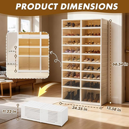 9 Tiers-36 Pairs Folding Shoe Rack Organizer Cabinet with Doors, Large Plastic Collapsible Shoes Shelf, Foldable Shoe Storage Boxes Cabinet, Easy Assembly Shoe Rack For Entryway (9 Tiers-36 Pairs)