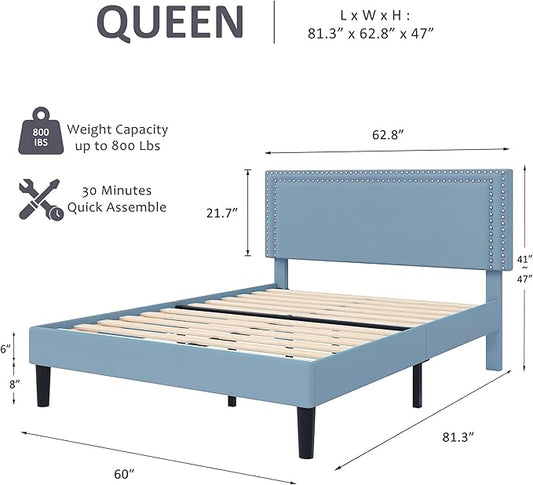 VECELO Bed Frame Queen Size with Adjustable Upholstered Headboard, Wooden Slats Platform, Noise-Free Design, Easy Assembly