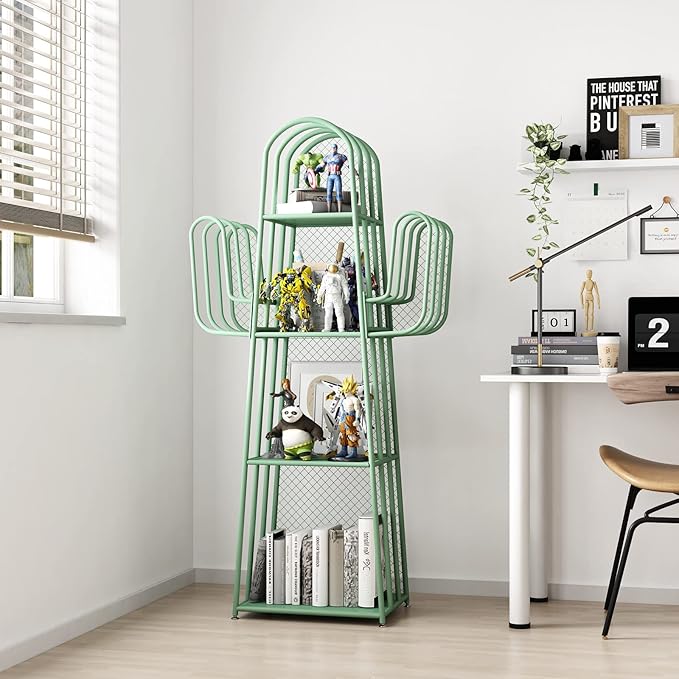 DOORXIF 4-Tier Ladder Green Bookshelves Freestanding, Cactus Bookcase Storage Organizer Closet Corner Metal Display Cabinet, Corner Bookshelf for Small Spaces, Green Bookcase for Bedroom Office