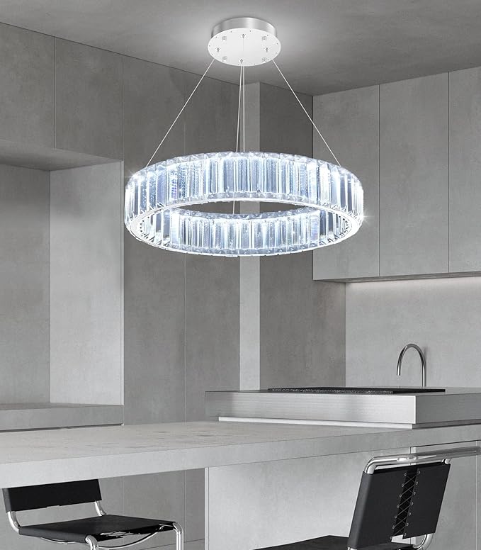 16'' Modern Ring Chandelier Crystal Chandeliers for Dining Room Round LED Dimmable Ceiling Light Fixture for Living Room Bedroom Lighting Silver