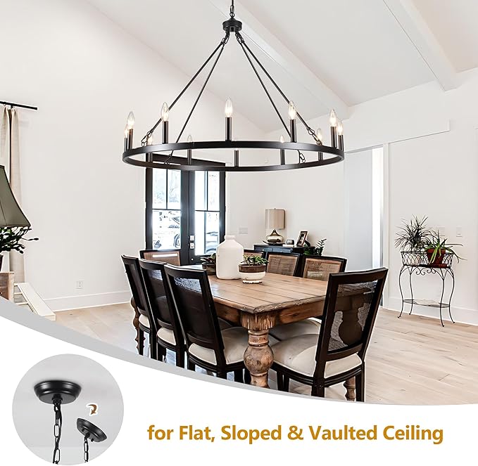 Black Wagon Wheel Chandelier 38 inch,12-Light Farmhouse Wagon Wheel Chandeliers Round Industrial Ceiling Rustic Country Light fixtures for Outdoor Porch high Ceilings Living Dining Room Foyer Entryway