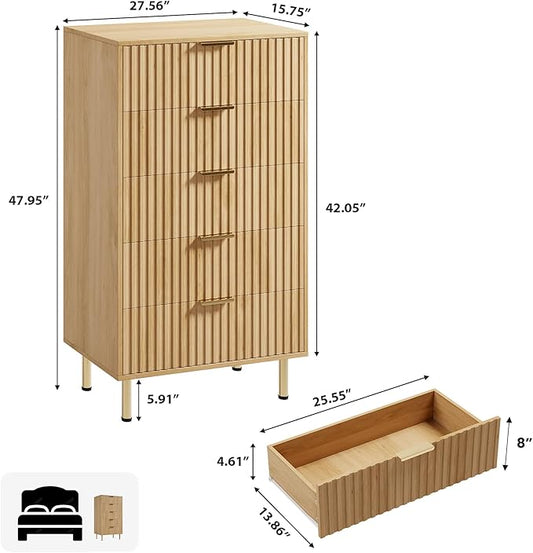 GarveeHome 5 Drawer Dresser for Bedroom, 48 in Tall Modern Chest of Drawers with Deep Drawers and Wide Top, Fluted Wooden Dresser Organizer for Living Room, Hallway, Kids Room, Natural