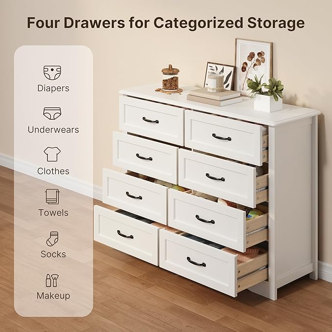 Gizoon 8 Drawer Dresser for Bedroom,Larger Chest of Drawers with Mental Handle for Kids Room, White Dresser with 8 Storage Drawers for Living Room, Entryway and Hallway, White