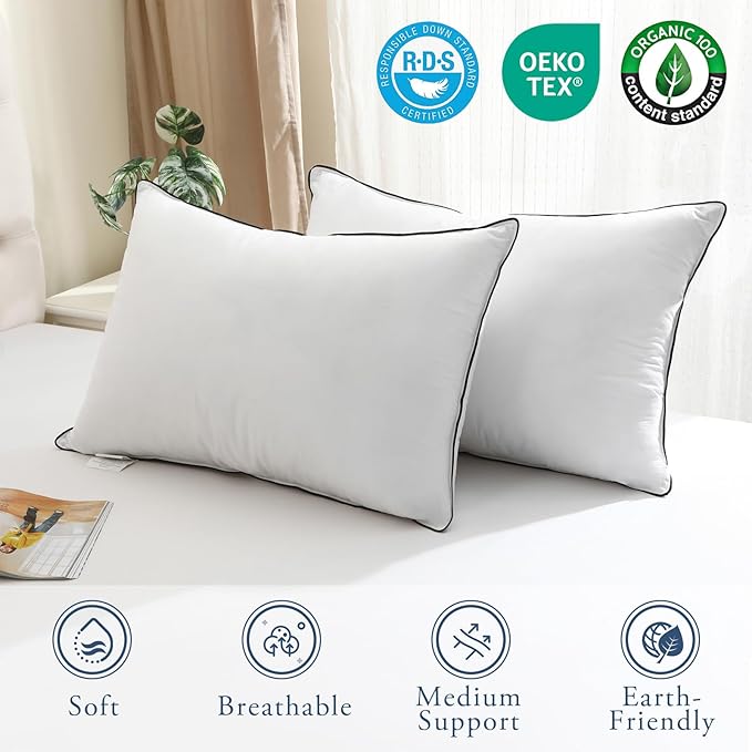 BPC Luxury Hotel Goose Feather Down King Size Pillows Set of 2, Medium Firm Bed Pillows for Sleeping, Organic Cotton Cover, Soft Yet Supportive Down Alternative Surround, RDS Certified, White 20"x36"
