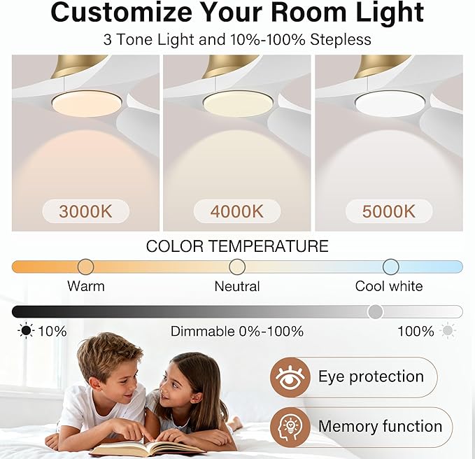52" Wood Flush Mount Ceiling Fans with Lights Remote Control,Dimmable,Reversible,Modern Gold White Wood Ceiling Fan with Quiet DC Motor,Outdoor Indoor Low Profile for Bedroom Living Room Patio