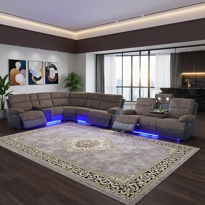 Power Corduroy Recliner Sectional Sofa with LED Light,L Shaped Reclining Couch with USB Charger/Cup Holder/Storage,Corduroy Sofa for Living Room/Home Theater(Brown,Sectional+3 Seats)