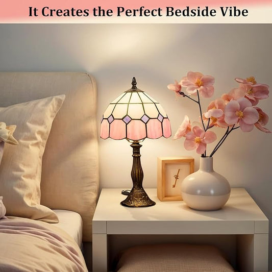 Table Lamp Tiffany-Style 8 Inch Mediterranean Series Stained Glass Lampshades Small Bedside Lamp Reading Antique Desk Light Livingroom Bedroom Office Vintage Art De(Color:Pink)