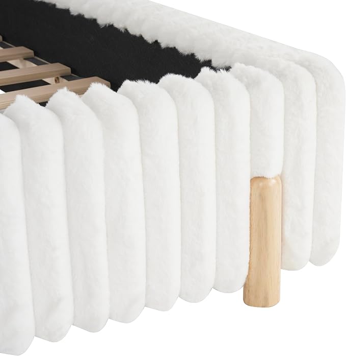 Merax Sleek Boucle Upholstered Bed with Wavy Headboard & Vertical Stitching,King,White