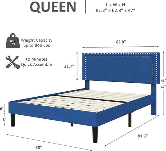 VECELO Queen Size Bed Frame with Adjustable Upholstered Headboard, Wooden Slats Platform, Noise-Free Design, Easy Assembly