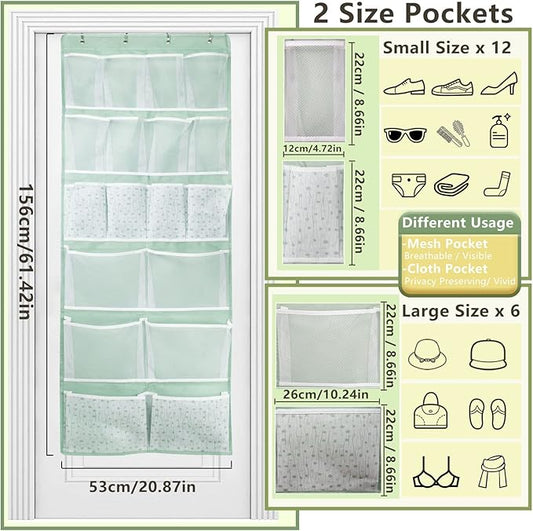 18 Pockets Over the Door Organizer with 4 Kind Pockets,Behind Door Shoes Rack,Back of Closet Storage Organization for Socks,Hat,Underwear,Luggage Packing,Hanging Holder Shelf in Home Dorm,Travel,Green