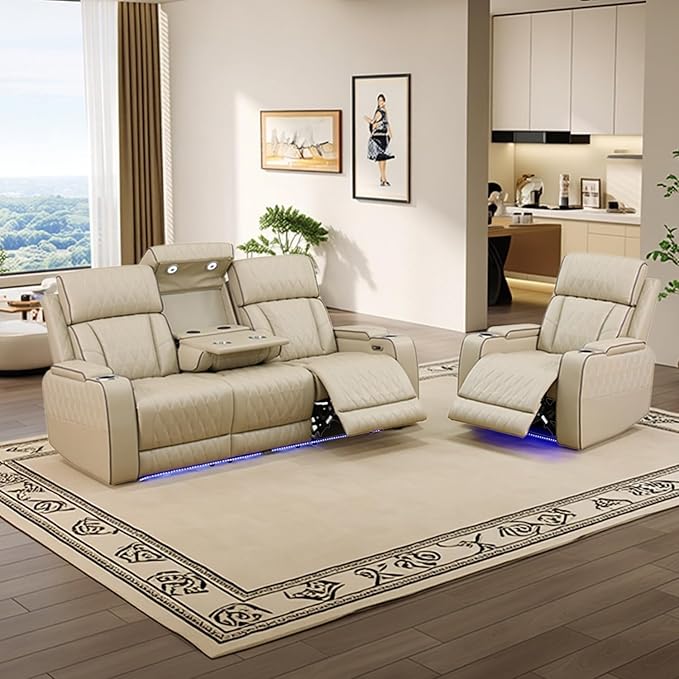 Power Leather Recliner Sofa Set with LED Light,Reclining Sofa and Chair Set with Coffee Table/USB Charger/Storage,Leather Couch for Living Room Furniture Sets(3+1 Seats,Beige)