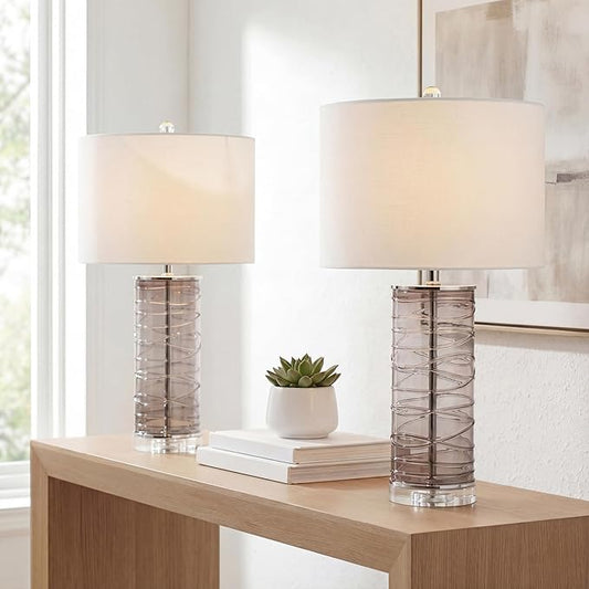 JONATHAN Y 27.5" Smoky Gray Modern Fused Glass Table Lamp Set of 2 for Bedroom Living Room, Coastal Nightstand Bedside Lamp with White Linen Shade, LED Bulbs Included (JYL4016C-SET2)