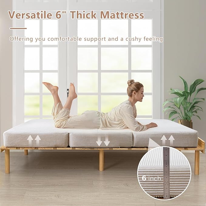 BYBYME Corduroy Tri-Folding Mattress, 6 Inch Gel Folding Mattress Topper, Foldable Soft Guest Bed Camping Pad, Washable Cover (Beige, Queen)