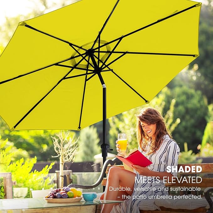 wikiwiki 9FT Patio Umbrella with Base, Outdoor Umbrellas with Base Included, 8 Sturdy Ribs, Waterproof Fade Resistant POLYESTER DTY Canopy for Deck, Lawn, Garden, Backyard & Pool, Yellow