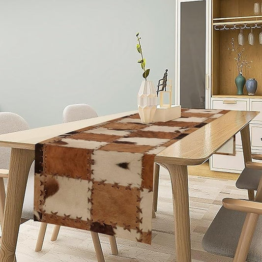 Cowhide Table Runne Bohemian Rustic Vintage Spotted Cow Fur Skin Texture Wild Animal Farmhouse Dining Table Decoration for Kitchen Dining Room 13x90in