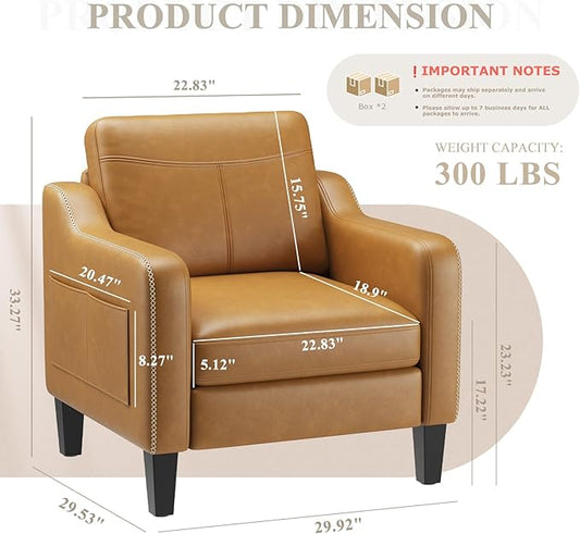 PU Leather Accent Chair, Mid-Century Modern Living Room Armchair Sofa with Removable Cushions, Solid Wood Frame & Stitched Armrest Design, Bedroom Chair with Plastic Legs, Brown