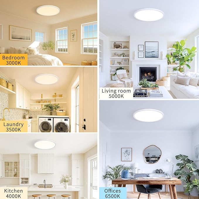 14.9 Inch 6PK LED Flush Mount Ceiling Light, ETL ,32W, 3343LM, 3000K/3500K/4000K/5000K/6500K CCT Selectable, 0.66in Ultra Thin Round Flat Panel Ceiling Light Fixture for Bedroom, Kitchen, (White)