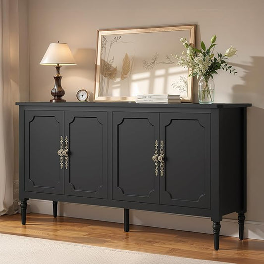 Console Table, 58'' Mid Century Modern Pantry Cabinet, Wood Buffet Sideboard, Media Credenza with 4 Doors, Accent Storage for Entryway, Living Room, Bedroom, Dining Room (Black1)