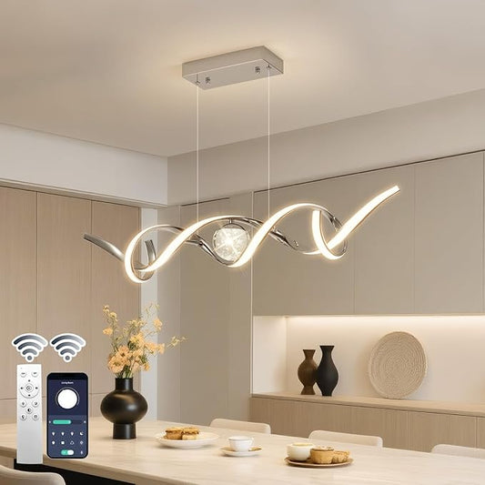 LED Modern Chandeliers for Dining Room, 39in Dimmable Chrome Chandelier Kitchen Pendant Lighting Over Island, Linear Wave Spiral Pendant Light Fixtures Dining Room Lights Ceiling Hanging, 36W
