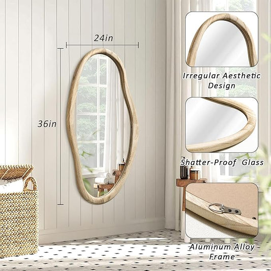 JJUUYOU Irregular Wood Mirror Asymmetrical Bathroom Wall Mounted Mirror 36"x24" Large Horizontal or Vertical Hanging Wall Mirrors for Makeup Bedroom Living Room Wood