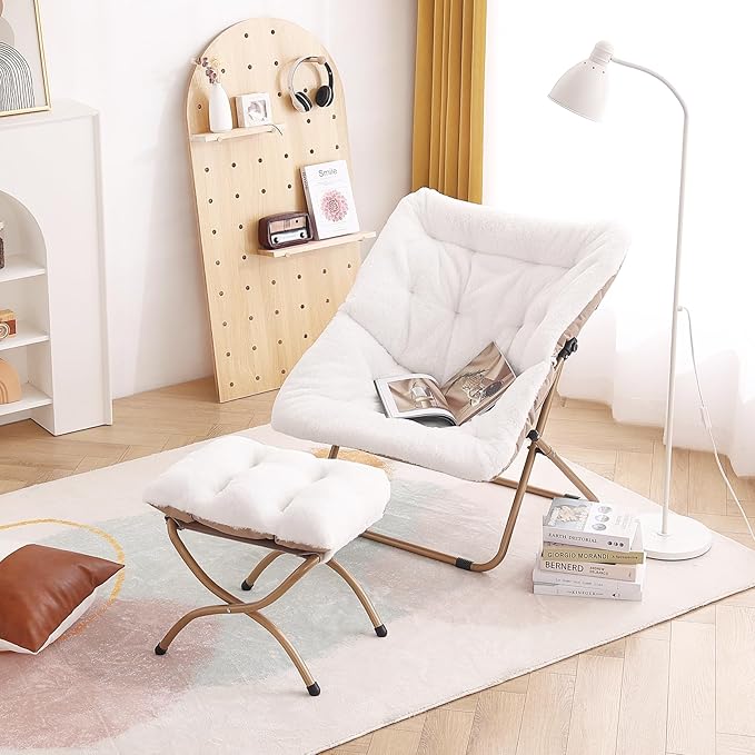 Tiita Folded Chair with Ottoman, Soft Faux Fur Oversized Folding Accent Chair,Lazy Chair, Metal Frame Moon Chair for Bedroom, Living Room, Dorm Rooms, Garden and Courtyard
