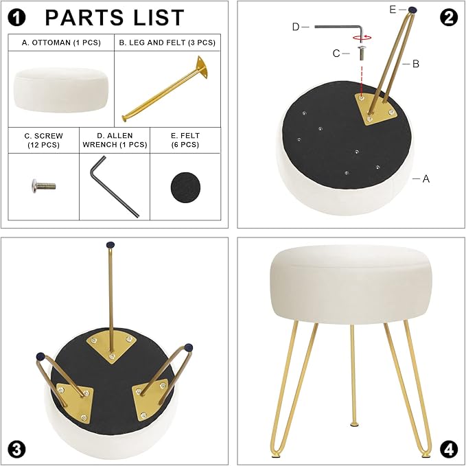 Velvet Soft Modern Vanity Footstool -Round Footrest Stool Ottoman Side Table Seat Dressing with Golden Metal Leg and Sponge Filling,Upholstered Foot Rest,Living Room and Bedroom (Beige)