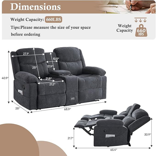 Loveseat Recliner Sofa, Manual Recliner Loveseat with Console, Modern Chenille Sofa Sleeper Deep Couches with Cup Holders and Side Pocket for Living Room/Office/Apartment (Grey) | Heating & Massage, Hidden Drawer