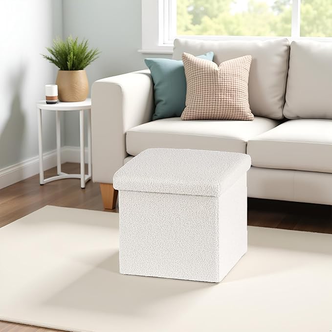 15 Inches Small Storage Ottoman - Square Ottoman with Sherpa Top,Storage Bench for Bedroom,15" L x 15" W x 15" H-White